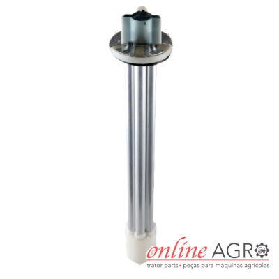 Peça metálica cilíndrica com base branca e suporte cinzento, fundo branco e logo online AGRO