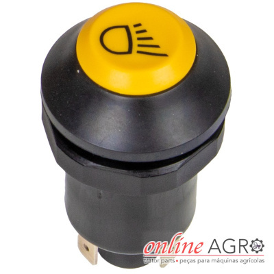 Botão interruptor redondo preto com centro amarelo e símbolo de farol