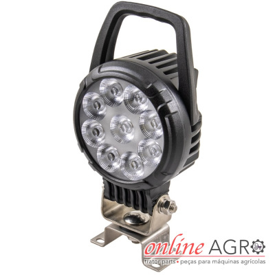 Luz LED redonda preta com nove focos e suporte metálico