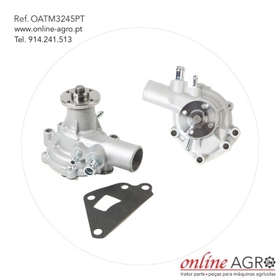 Bomba de água metálica prateada com junta preta e textos de contato, sobre fundo branco