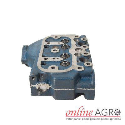 Cabeça de motor azul metálica com orifícios para parafusos em fundo branco e logótipo online AGRO