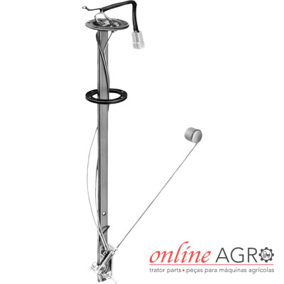 Sensor de nível de combustível metálico para máquinas agrícolas com conector plástico e boia.