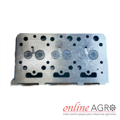 Cabeçote metálico para motor agrícola com furos e válvulas, fundo branco e logo online AGRO