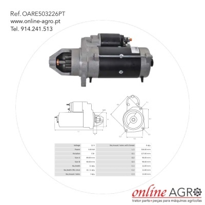 Motor de arranque para máquinas agrícolas com informações técnicas num fundo branco