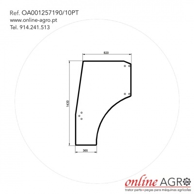 Desenho técnico de peça metálica para máquinas agrícolas com medidas e texto de referência