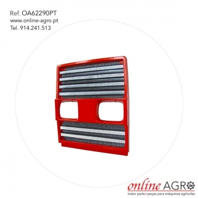 Grelha metálica vermelha com barras cinza e duas aberturas quadradas