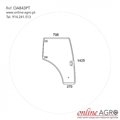 Desenho técnico de peça agrícola com dimensões e texto de contato