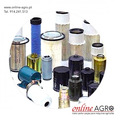 Filtros para máquinas agrícolas de várias cores e tamanhos, com texto e contacto da loja online agro.