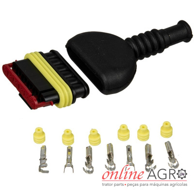 Conector elétrico com várias peças metálicas e anéis amarelos sobre fundo branco com logótipo online AGRO