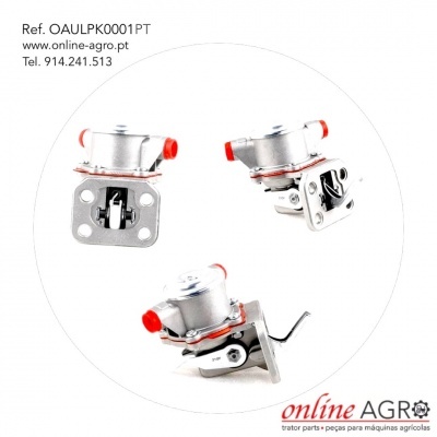 Três válvulas metálicas para máquinas agrícolas com texto de referência e contacto de fornecedor