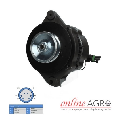 Alternador preto com peça metálica prateada e conector elétrico para máquinas agrícolas