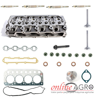Conjunto de peças de motor agrícola sobre fundo branco com logotipo online AGRO.