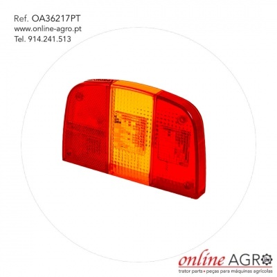 Luz traseira vermelha e amarela para veículo agrícola com texto e logótipos