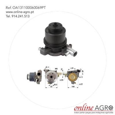 Peça mecânica preta e metálica com vistas técnicas e texto de referência e contacto