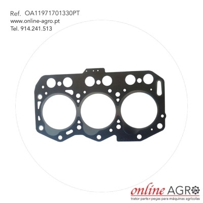 Junta preta metálica para motor com três grandes orifícios redondos sobre fundo branco com texto e logo online AGRO