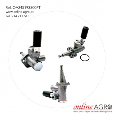 Válvula metálica com manípulo preto mostrada em três ângulos diferentes com junta em anel preta, texto de referência e contactos à esquerda.