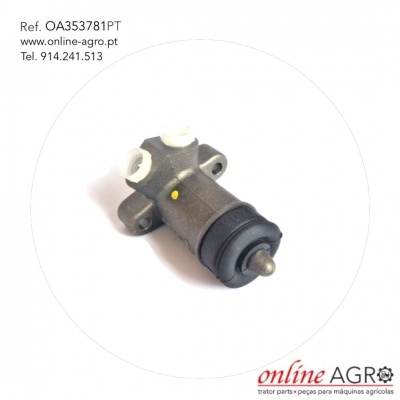 Peça mecânica cinza e preta com detalhes brancos e ponta metálica, com texto e contactos no fundo