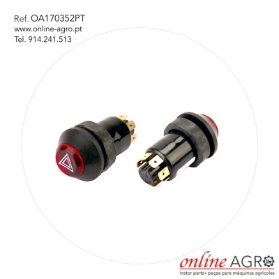 Dois botões pretos redondos com símbolo de alerta, contatos metálicos, fundo branco e texto informativo