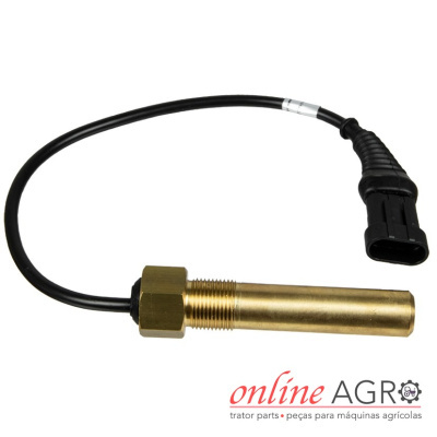 Sensor metálico dourado com cabo preto e conector, logotipo online AGRO