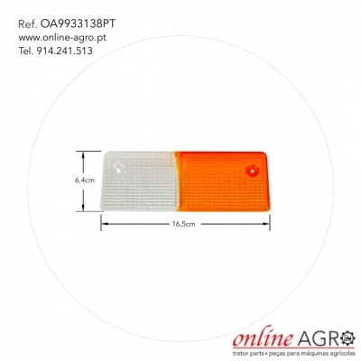 Peça retangular branca e laranja com texto e dimensões