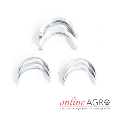 Peças metálicas semicirculares prateadas sobre fundo branco com texto online AGRO