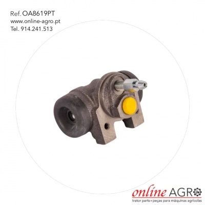 Peça mecânica metálica com botão amarelo e parafuso em fundo branco com texto e logo