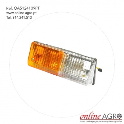 Farol dianteiro retangular amarelo e transparente com texto de referência e contactos