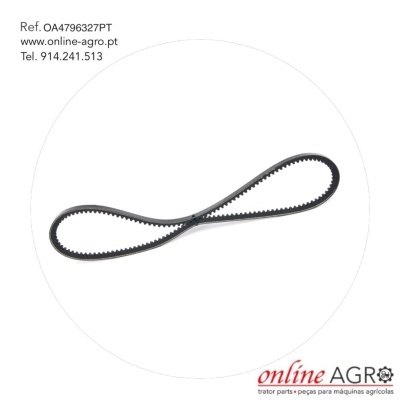 Correia preta dentada para máquinas agrícolas sobre fundo branco com texto e logótipo
