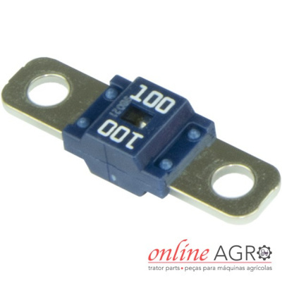 Fusível automotivo azul e metal prateado com inscrição 100 e orifícios para fixação