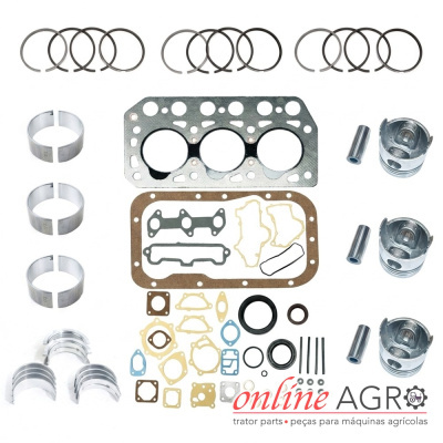 Conjunto de peças para motor de trator organizadas em fundo branco