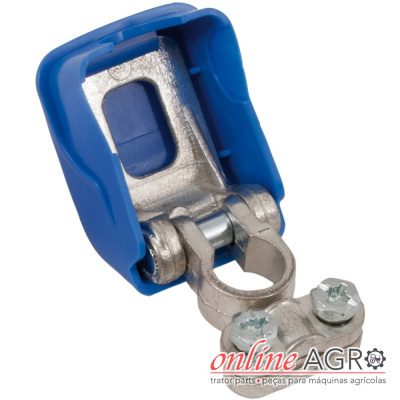 Conector metálico com capa azul e parafusos em fundo branco