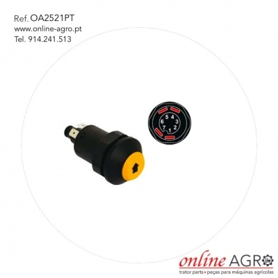 Interruptor preto e amarelo com indicador circular de números e texto de referência