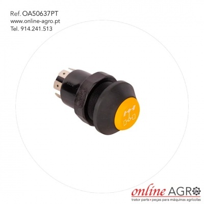 Botão preto e amarelo com conetores metálicos e texto de referência