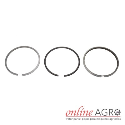 Três anéis metálicos para motores agrícolas sobre fundo branco com texto ONLINE AGRO