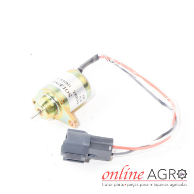 Solenoide metálico com conector elétrico e fiação vermelha e preta