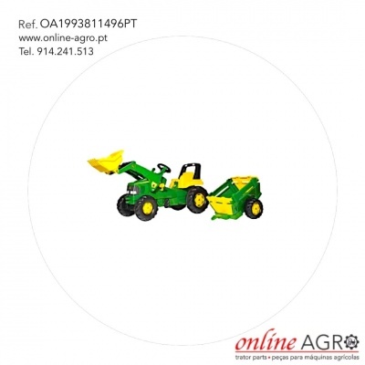 Brinquedo trator verde e amarelo com reboque, texto de referência e contacto