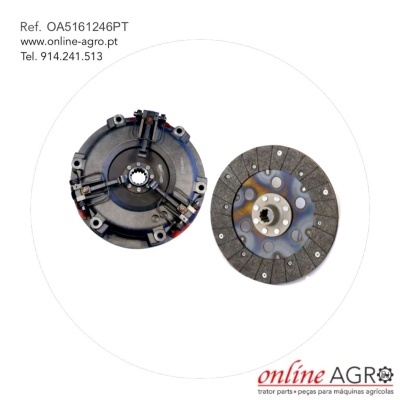 Conjunto de prato e disco de embraiagem metálicos para máquinas agrícolas, fundo branco, texto e logo online AGRO.