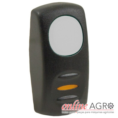 Controle remoto preto com botão amarelo e visor branco redondo