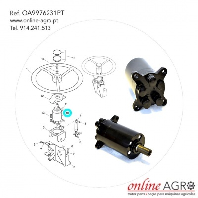 Peça mecânica preta com eixo dourado e desenho técnico ao lado, texto de referência e contacto da online-agro.pt