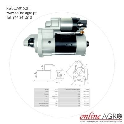 Motor de arranque com diagramas técnicos e tabela de especificações
