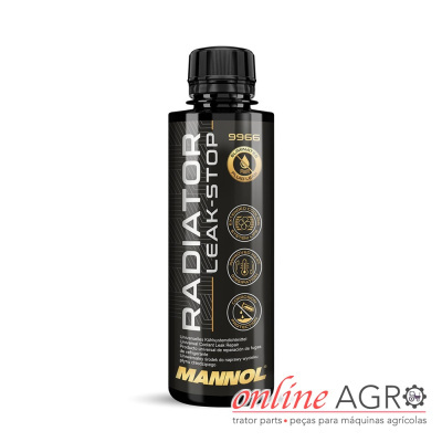 Frasco preto de produto para radiador com rótulo preto, branco e dourado
