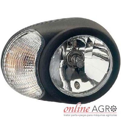 Farol dianteiro trator preto com luz principal redonda e luz auxiliar oval