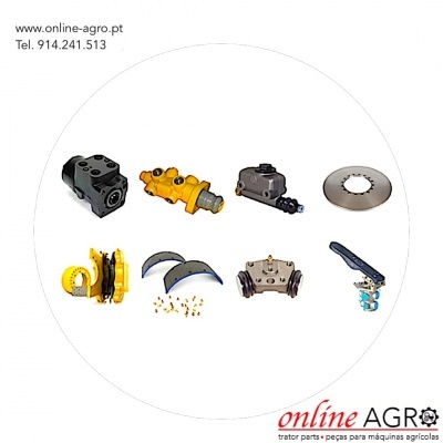 Peças mecânicas agrícolas variadas em fundo branco com texto e logotipo online AGRO