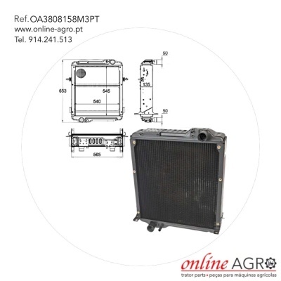 Radiador metálico preto para máquinas agrícolas com dimensões técnicas e texto de referência