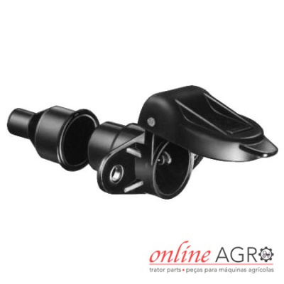 Peça preta para máquina agrícola com tampa articulada e bocal cónico, sobre fundo branco com logo online AGRO.