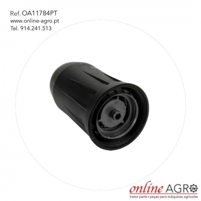 Peça preta cilíndrica de plástico para maquinaria agrícola com texto de referência e contato