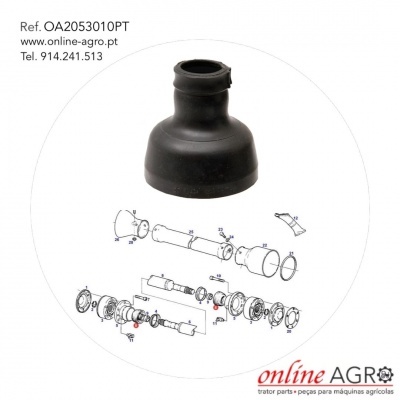 Peça preta para máquinas agrícolas com esquema técnico e dados de contacto online AGRO