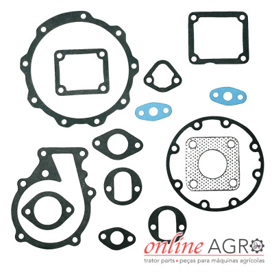 Conjunto de juntas para máquinas agrícolas em várias formas e cores preto e azul, com logotipo online AGRO