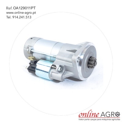 Motor de arranque metálico prateado sobre fundo branco com texto e logo