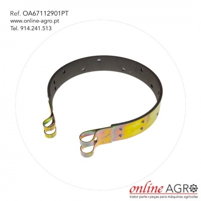 Correia metálica amarela e prateada com furos e presilhas, texto e logótipo visíveis